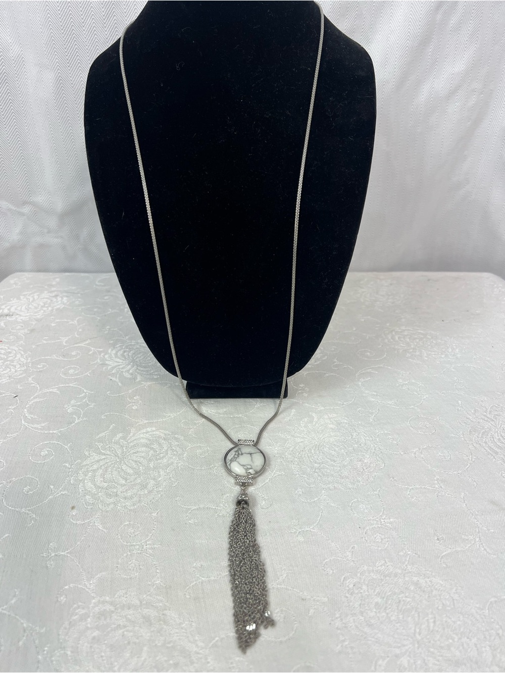 White House Black Market Necklace Silver Tone Stone w/Faux Diamonds & Tassel